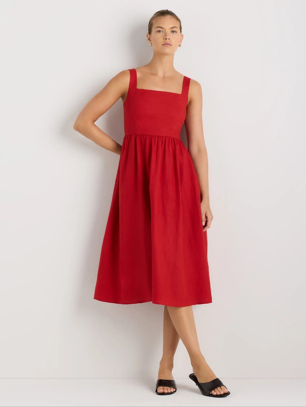 Quince European Linen Fit & Flare Square-Neck Chili Red Midi Dress Nwt